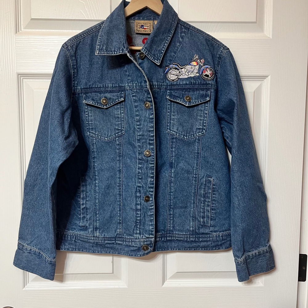 Womens Denim Jacket Motorcycle Patch‎ Embellished Blue Jean Classic Fit